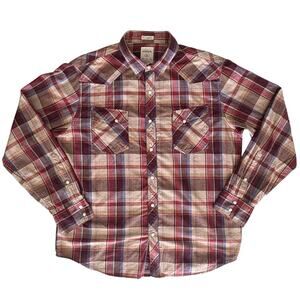 Fossil 54 Vintage Fit Plaid Western Shirt, Long Sleeve Burgundy mens XL